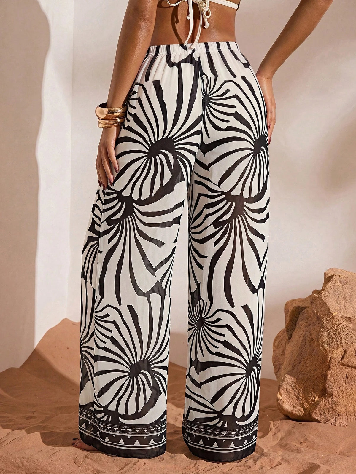 Swim Chiccia Calça Cobre-Tudo de Perna Larga com Cordão na Cintura em Chiffon Sólido de Verão para Mulheres, Praia
