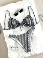 Swim Mod Conjunto de Maiô Bikini de 2 Peças com Tecido Texturizado, Babado, Laço na Frente, Cordão na Cintura, Fofo, Doce, Fashion, Animado para Festa