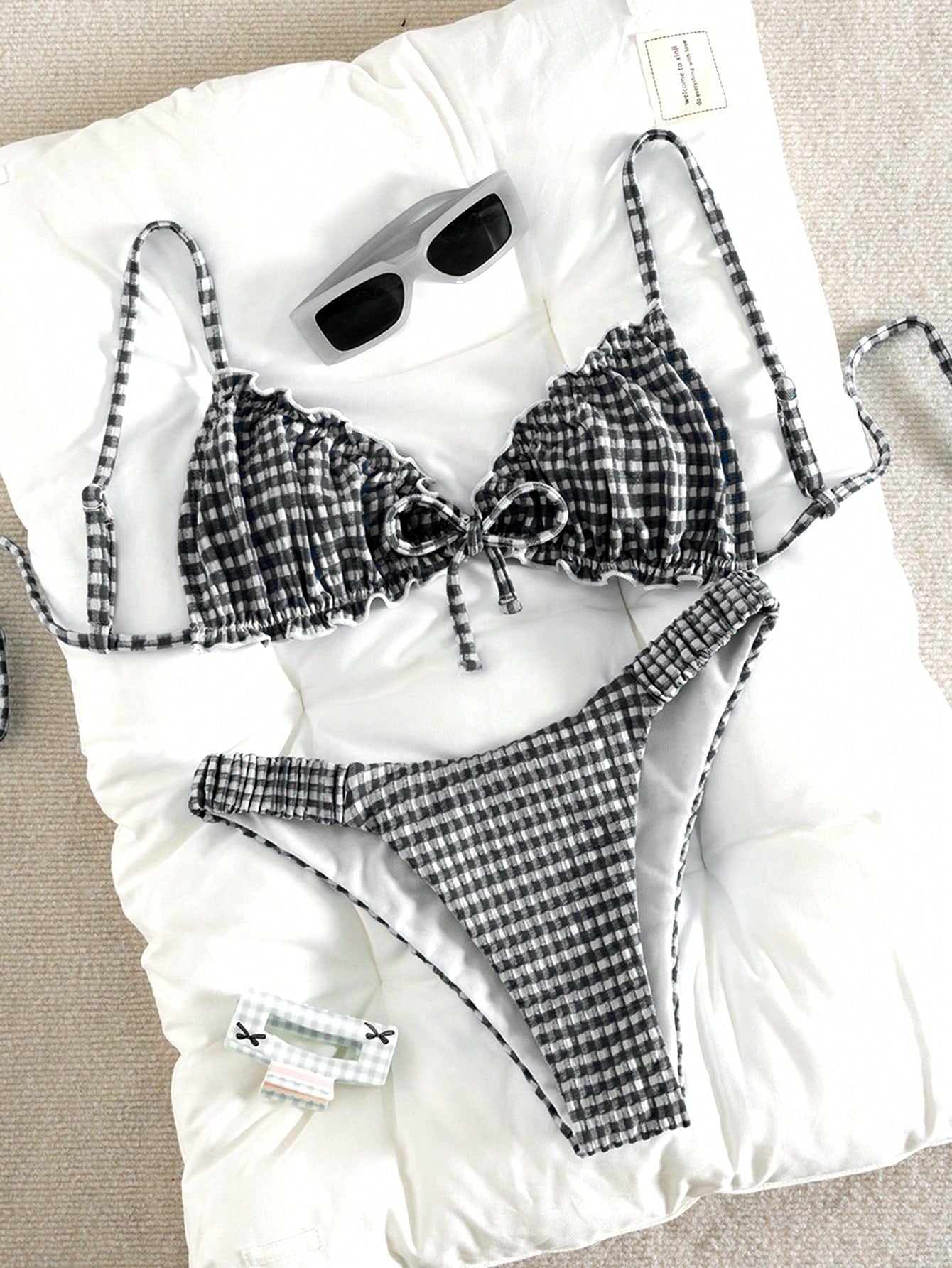 Swim Mod Conjunto de Maiô Bikini de 2 Peças com Tecido Texturizado, Babado, Laço na Frente, Cordão na Cintura, Fofo, Doce, Fashion, Animado para Festa