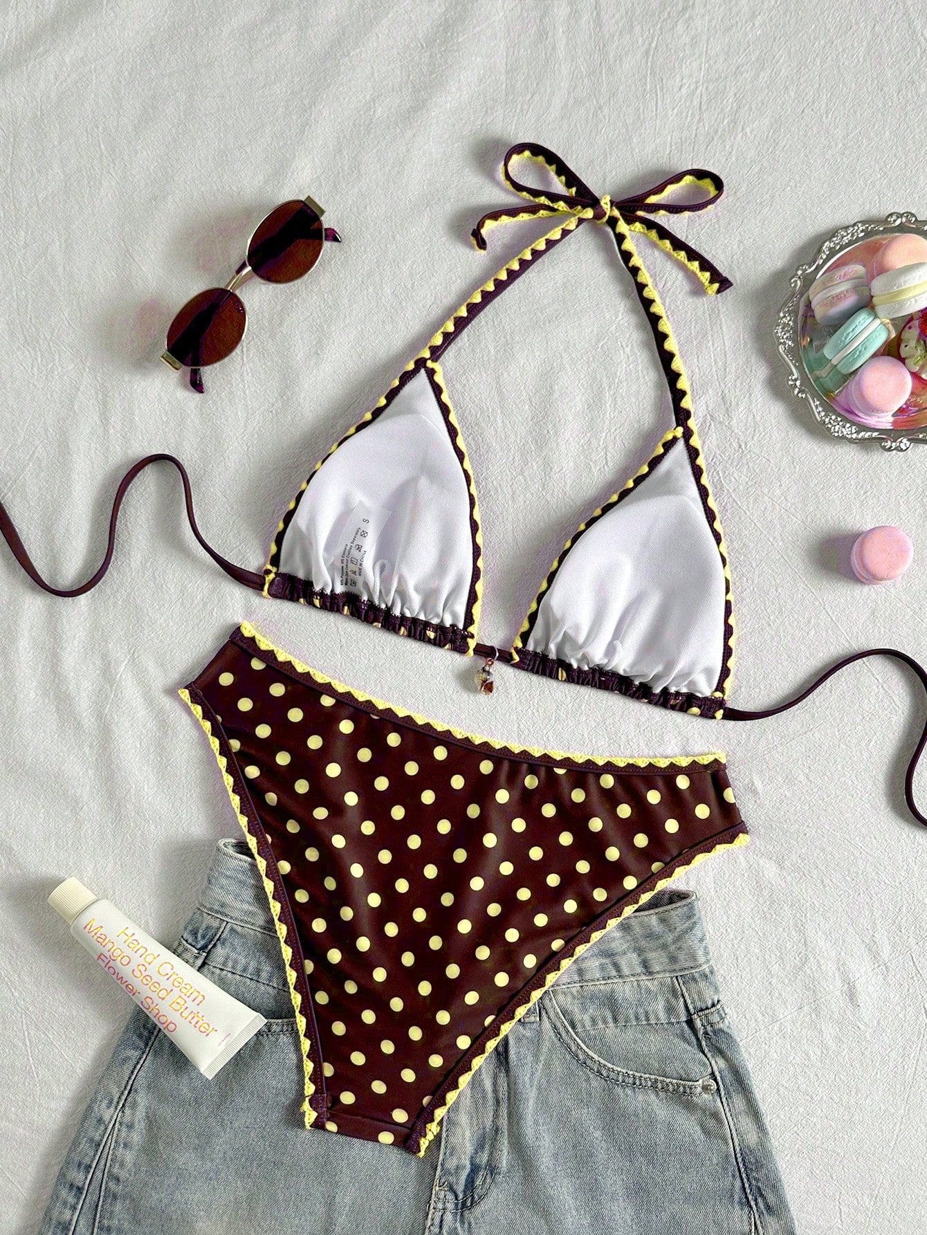 Swim Vcay Conjunto de Maiô Bikini Feminino, Tecido Especial com Design de Alça, Amarração e Costas Abertas, 2 Peças Conjunto de Praia para Férias de Verão
