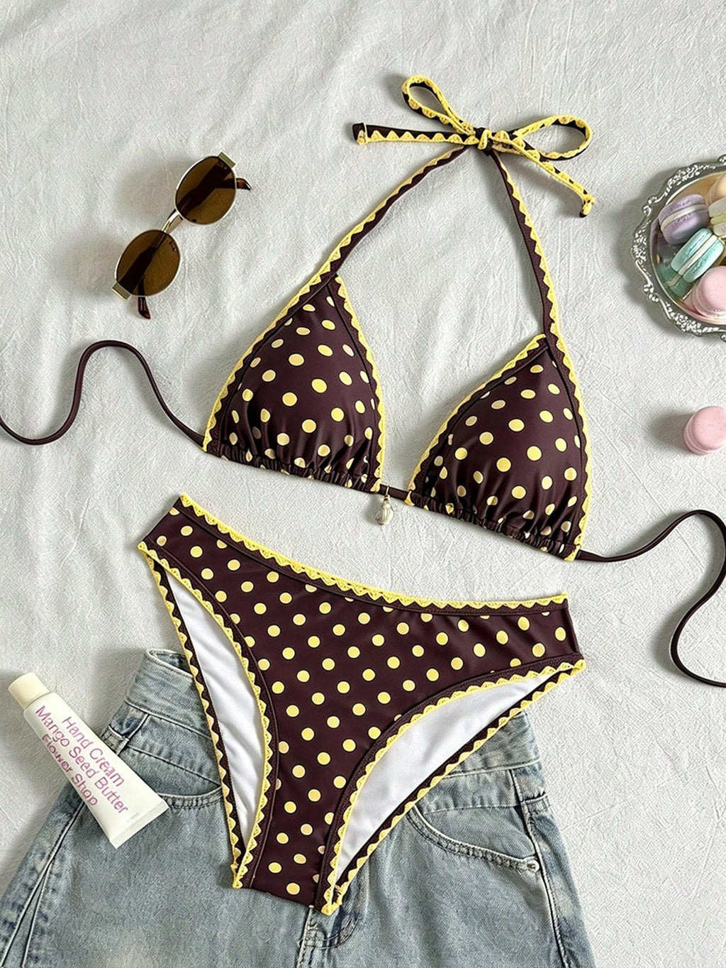 Swim Vcay Conjunto de Maiô Bikini Feminino, Tecido Especial com Design de Alça, Amarração e Costas Abertas, 2 Peças Conjunto de Praia para Férias de Verão