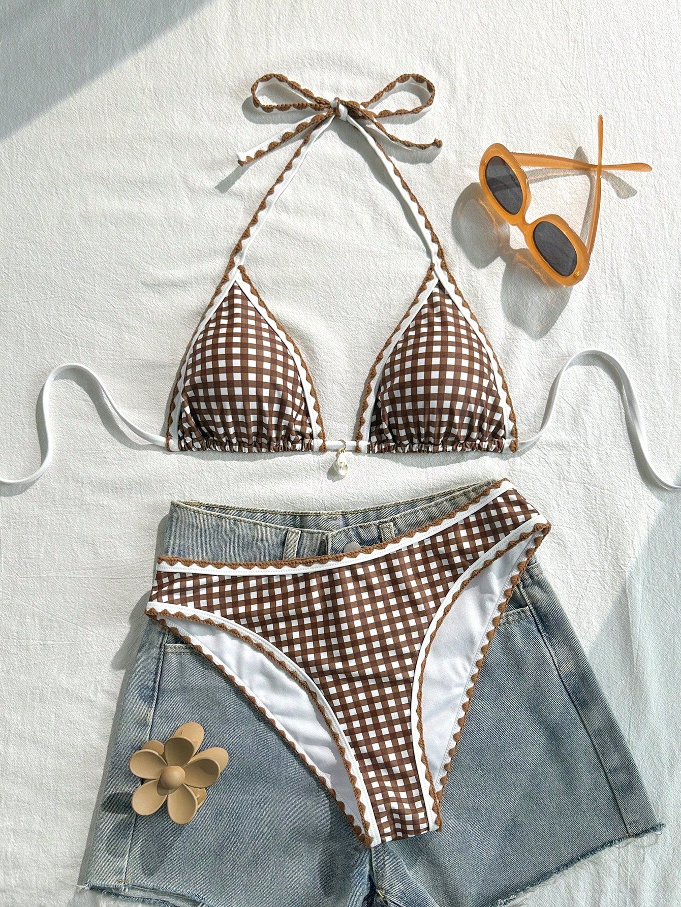 Swim Vcay Conjunto de Maiô Bikini Feminino, Tecido Especial com Design de Alça, Amarração e Costas Abertas, 2 Peças Conjunto de Praia para Férias de Verão