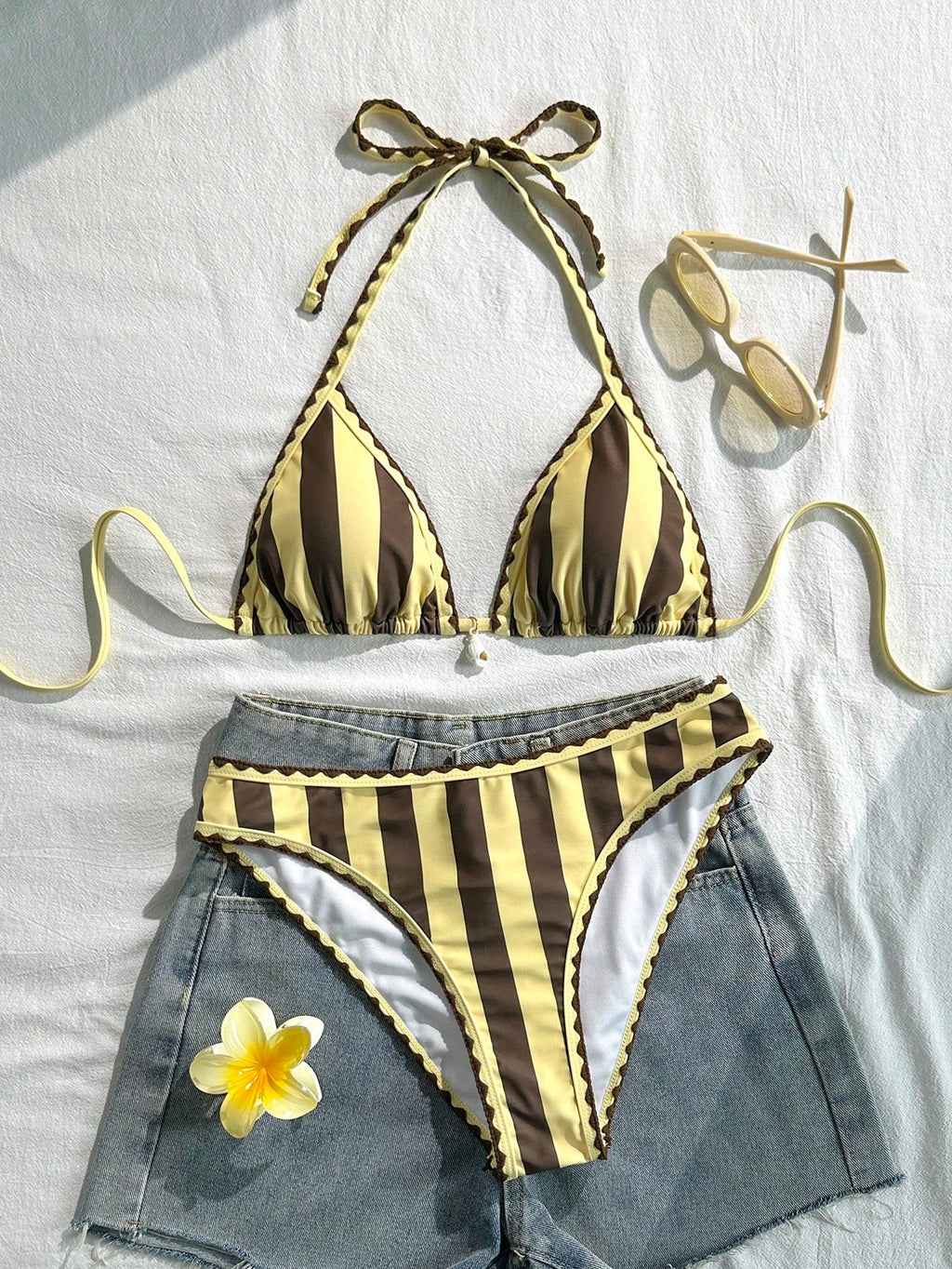 Swim Vcay Conjunto de Maiô Bikini Feminino, Tecido Especial com Design de Alça, Amarração e Costas Abertas, 2 Peças Conjunto de Praia para Férias de Verão