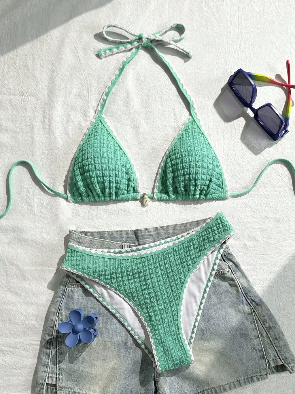 Swim Vcay Conjunto de Maiô Bikini Feminino, Tecido Especial com Design de Alça, Amarração e Costas Abertas, 2 Peças Conjunto de Praia para Férias de Verão
