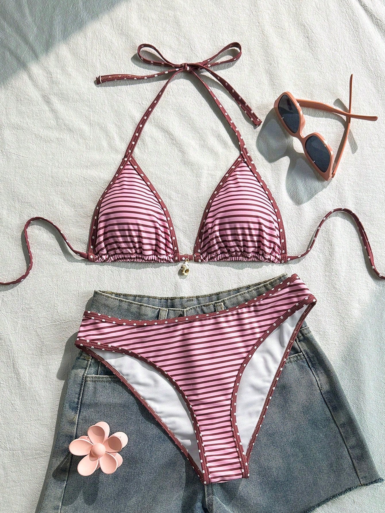 Swim Vcay Conjunto de Maiô Bikini Feminino, Tecido Especial com Design de Alça, Amarração e Costas Abertas, 2 Peças Conjunto de Praia para Férias de Verão