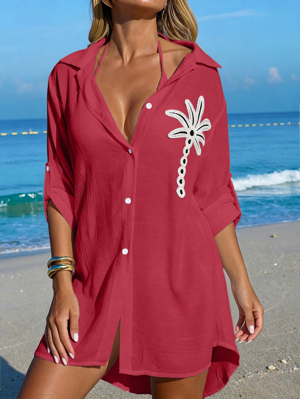SHEIN Swim Camisa Branca Feminina com Botões de Árvore de Coco, Casual, para Férias na Praia, Kimono Cover-Up