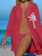 SHEIN Swim Camisa Branca Feminina com Botões de Árvore de Coco, Casual, para Férias na Praia, Kimono Cover-Up