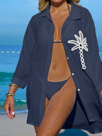 SHEIN Swim Camisa Branca Feminina com Botões de Árvore de Coco, Casual, para Férias na Praia, Kimono Cover-Up