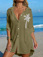 SHEIN Swim Camisa Branca Feminina com Botões de Árvore de Coco, Casual, para Férias na Praia, Kimono Cover-Up