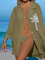 SHEIN Swim Camisa Branca Feminina com Botões de Árvore de Coco, Casual, para Férias na Praia, Kimono Cover-Up
