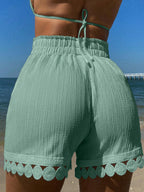 Swim Vcay Conjunto de Verão 3 Peças para Praia e Férias Feminino: Saída de Praia com Amarração na Cintura e Acabamento em Renda, Shorts de Maiô