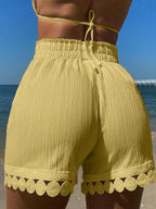 Swim Vcay Conjunto de Verão 3 Peças para Praia e Férias Feminino: Saída de Praia com Amarração na Cintura e Acabamento em Renda, Shorts de Maiô
