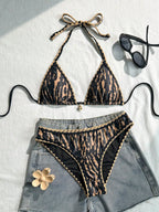 Swim Vcay Conjunto de Maiô Bikini Feminino, Tecido Especial com Design de Alça, Amarração e Costas Abertas, 2 Peças Conjunto de Praia para Férias de Verão