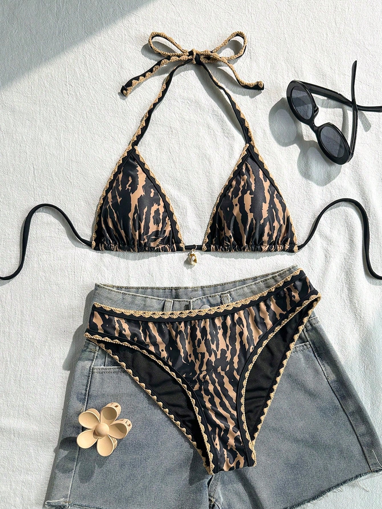 Swim Vcay Conjunto de Maiô Bikini Feminino, Tecido Especial com Design de Alça, Amarração e Costas Abertas, 2 Peças Conjunto de Praia para Férias de Verão