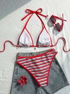Swim Vcay Conjunto de Maiô Bikini Feminino, Tecido Especial com Design de Alça, Amarração e Costas Abertas, 2 Peças Conjunto de Praia para Férias de Verão