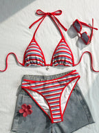 Swim Vcay Conjunto de Maiô Bikini Feminino, Tecido Especial com Design de Alça, Amarração e Costas Abertas, 2 Peças Conjunto de Praia para Férias de Verão