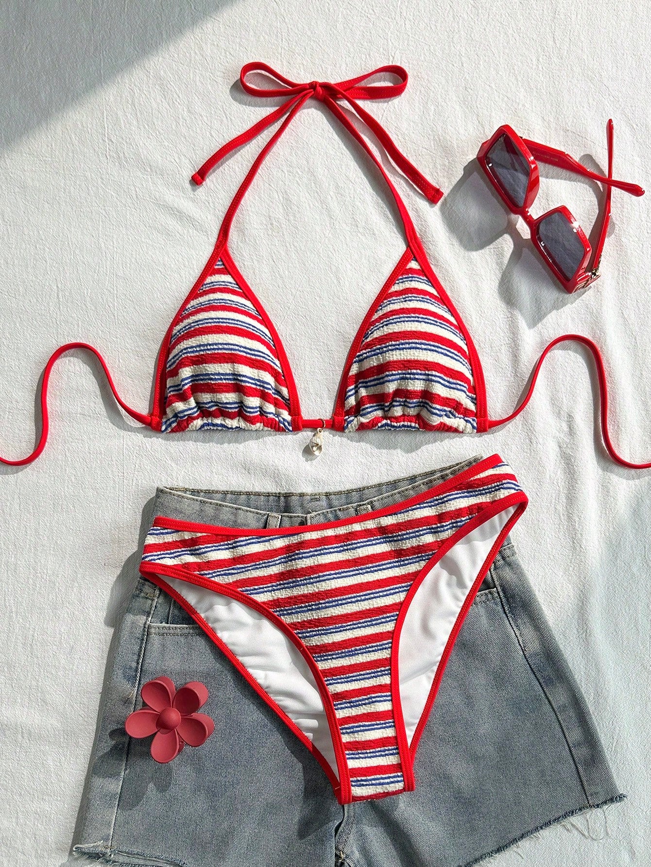 Swim Vcay Conjunto de Maiô Bikini Feminino, Tecido Especial com Design de Alça, Amarração e Costas Abertas, 2 Peças Conjunto de Praia para Férias de Verão