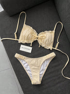 Swim Mod Conjunto de Maiô Bikini de 2 Peças com Tecido Texturizado, Babado, Laço na Frente, Cordão na Cintura, Fofo, Doce, Fashion, Animado para Festa