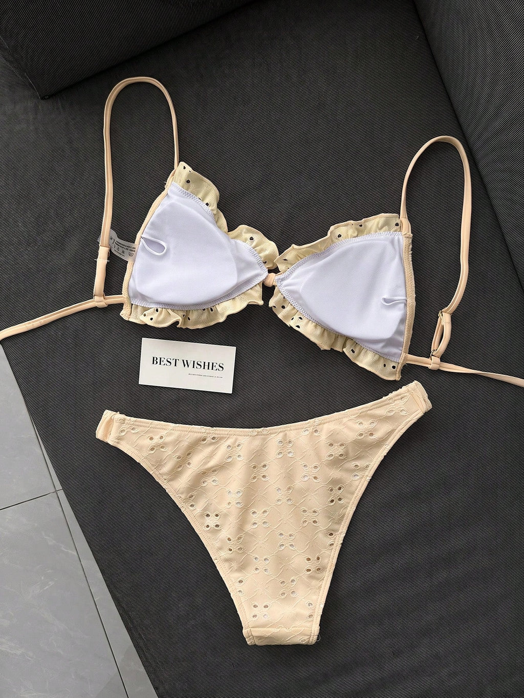 Swim Mod Conjunto de Maiô Bikini de 2 Peças com Tecido Texturizado, Babado, Laço na Frente, Cordão na Cintura, Fofo, Doce, Fashion, Animado para Festa