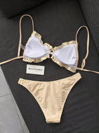 Swim Mod Conjunto de Maiô Bikini de 2 Peças com Tecido Texturizado, Babado, Laço na Frente, Cordão na Cintura, Fofo, Doce, Fashion, Animado para Festa