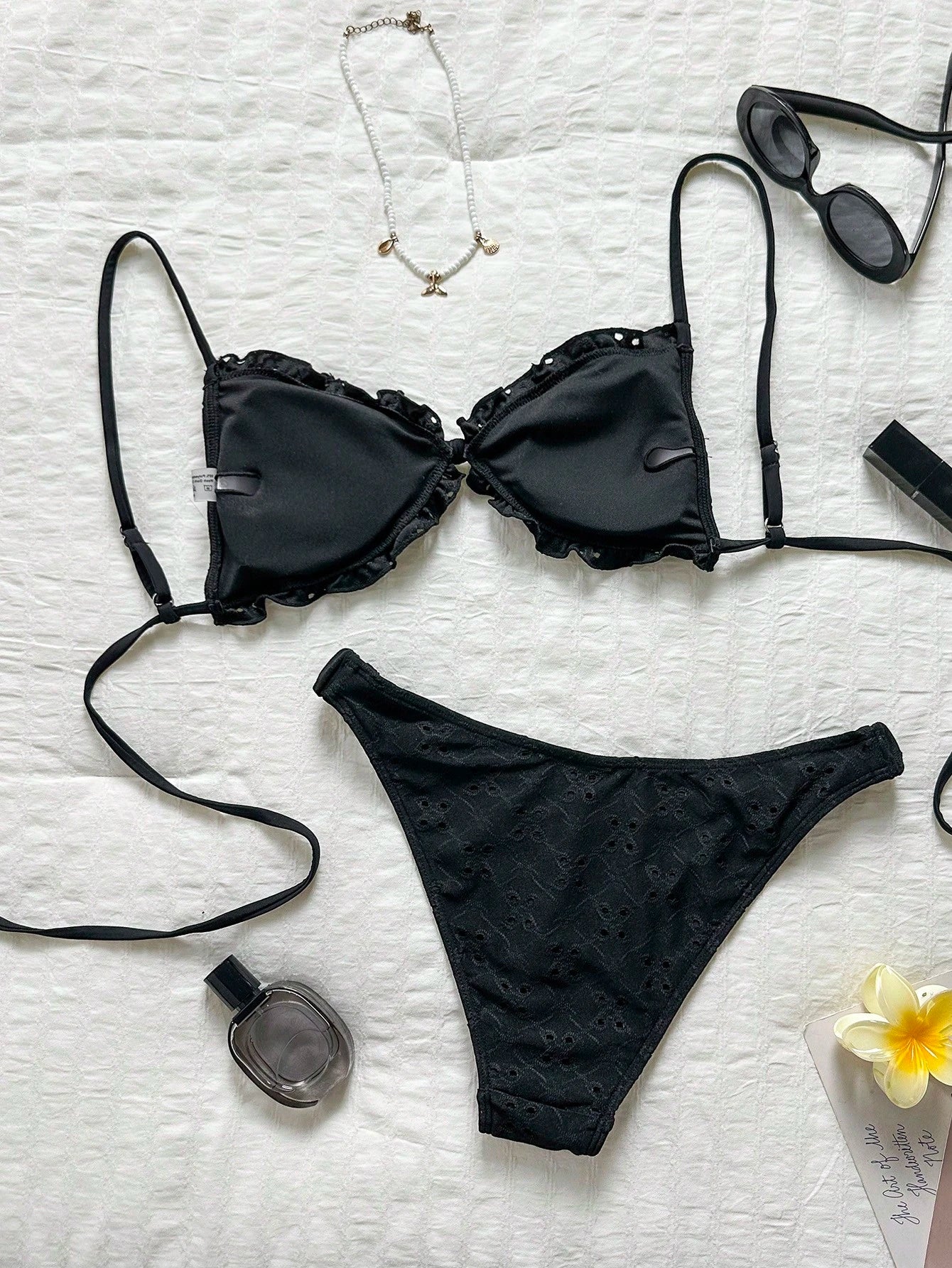 Swim Mod Conjunto de Maiô Bikini de 2 Peças com Tecido Texturizado, Babado, Laço na Frente, Cordão na Cintura, Fofo, Doce, Fashion, Animado para Festa