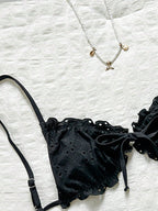 Swim Mod Conjunto de Maiô Bikini de 2 Peças com Tecido Texturizado, Babado, Laço na Frente, Cordão na Cintura, Fofo, Doce, Fashion, Animado para Festa