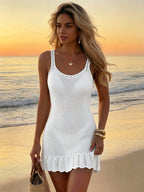 Vestido Curto Branco Feminino de Verão, Simples, para Praia, Férias, Decote Vazado, Sexy, com Alças Finas