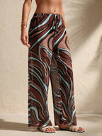 Swim Chiccia Calça Cobre-Tudo de Perna Larga com Cordão na Cintura em Chiffon Sólido de Verão para Mulheres, Praia