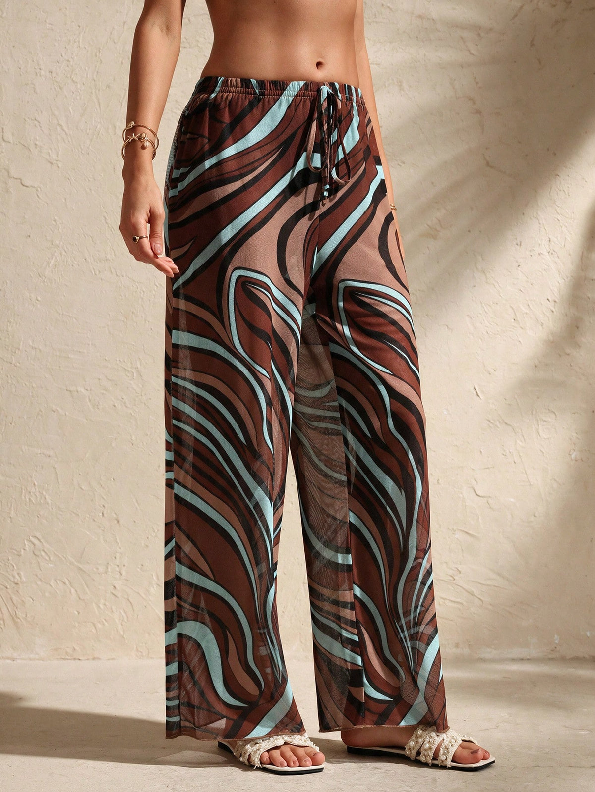 Swim Chiccia Calça Cobre-Tudo de Perna Larga com Cordão na Cintura em Chiffon Sólido de Verão para Mulheres, Praia
