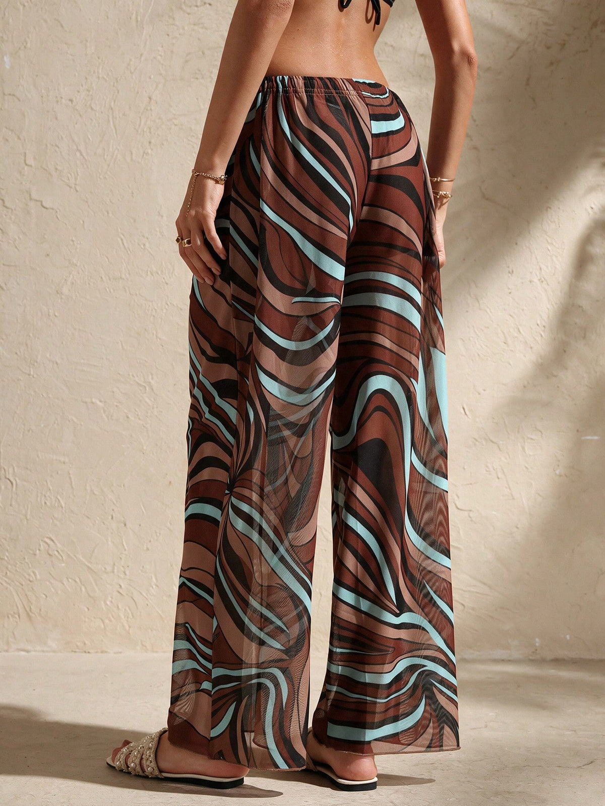 Swim Chiccia Calça Cobre-Tudo de Perna Larga com Cordão na Cintura em Chiffon Sólido de Verão para Mulheres, Praia