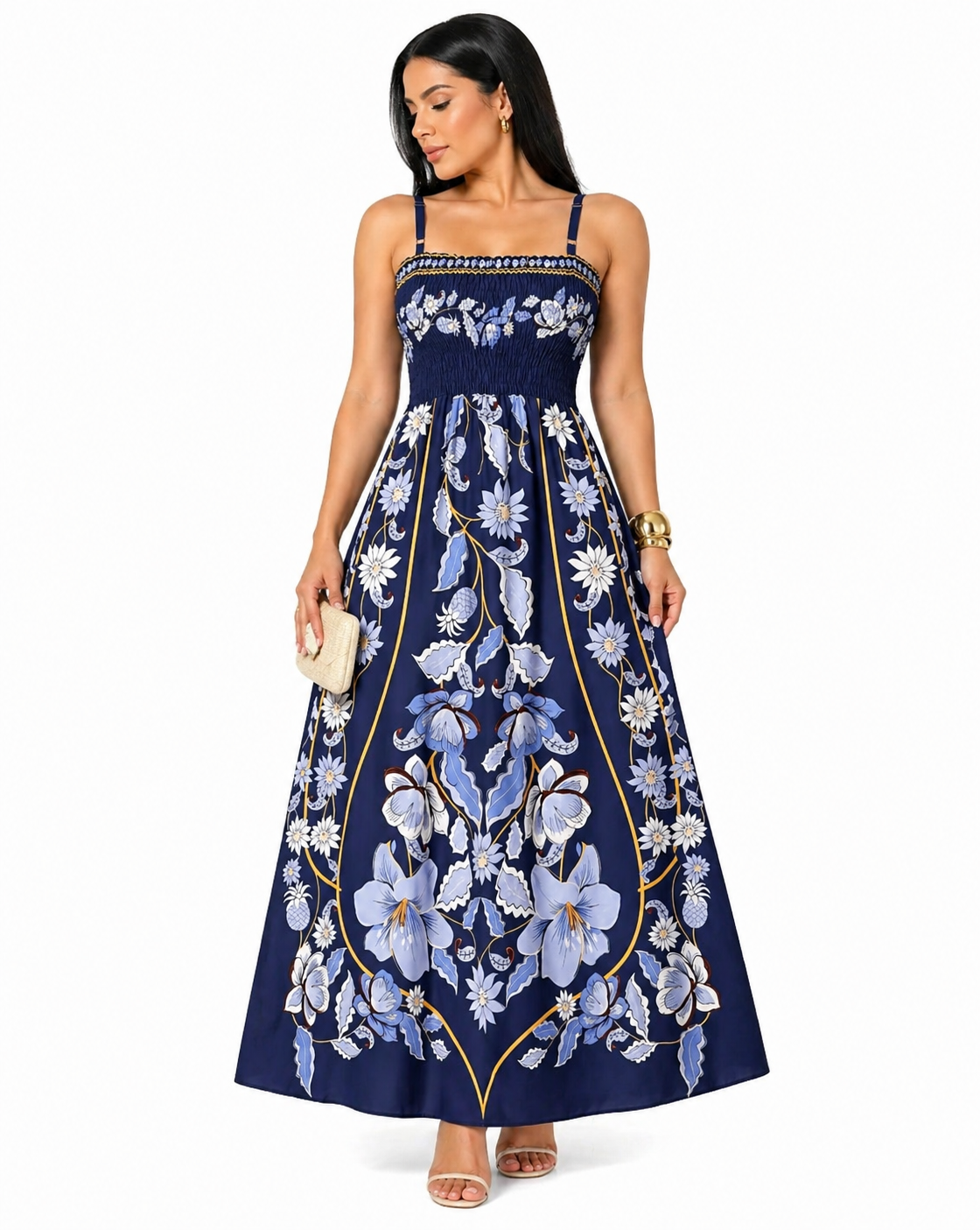Vestido Longo Delicadeza Floral Aurora com Toque Romântico Azul e Branco