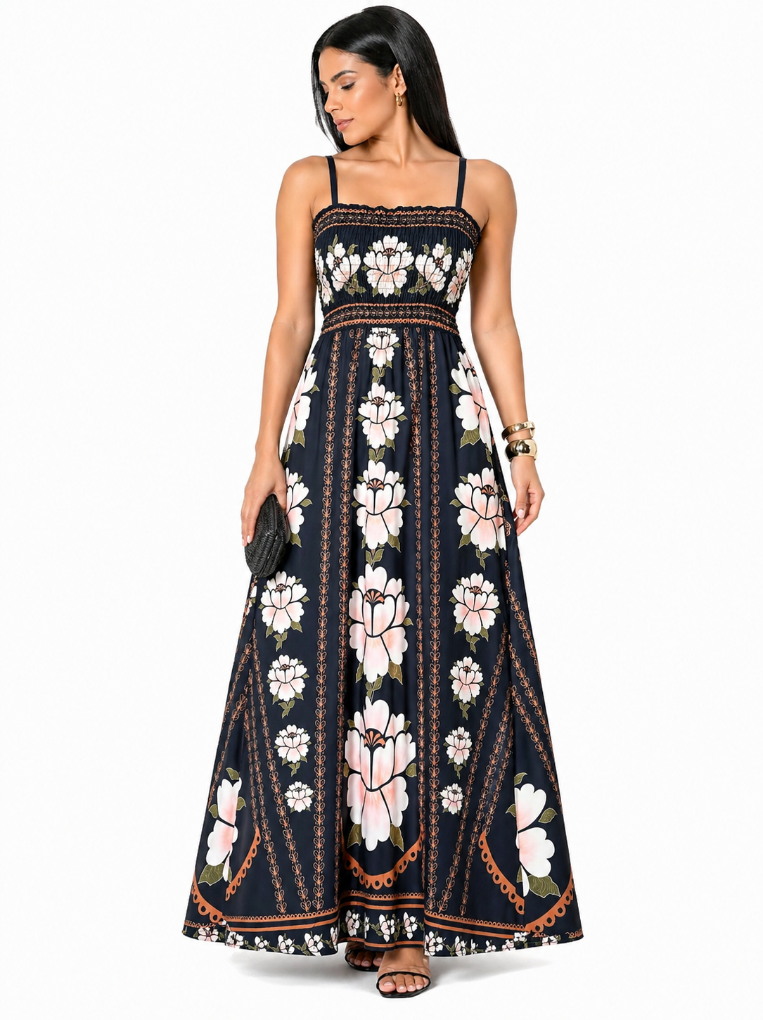 Vestido Longo Delicadeza Floral Aurora com Toque Romântico Preto