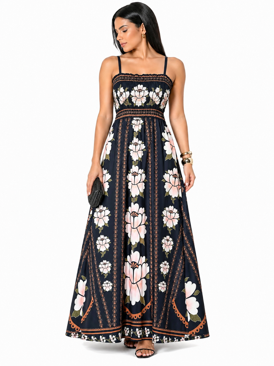 Vestido Longo Delicadeza Floral Aurora com Toque Romântico Preto