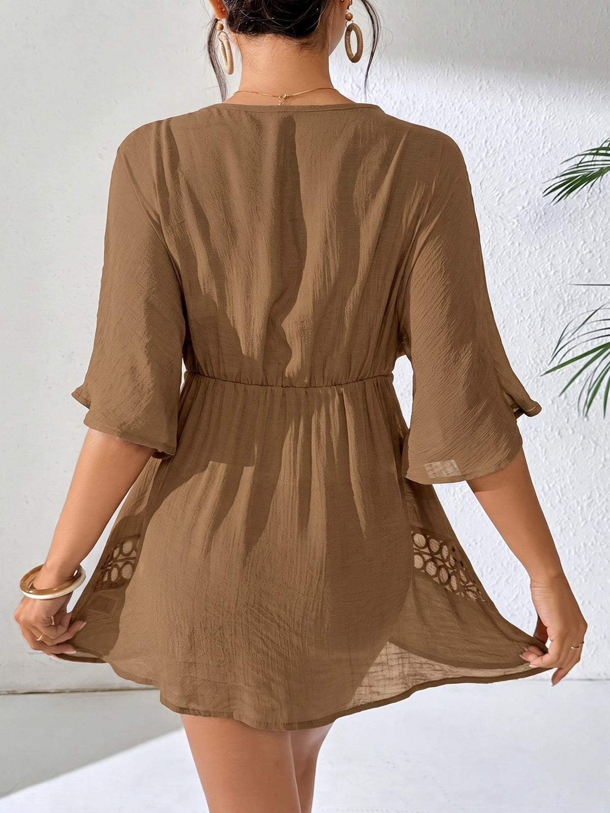 SHEIN Swim Capa Casual com Decote em V Profundo Preto Feminina, Primavera/Verão