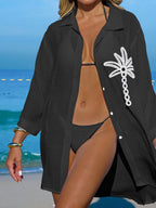 SHEIN Swim Camisa Branca Feminina com Botões de Árvore de Coco, Casual, para Férias na Praia, Kimono Cover-Up