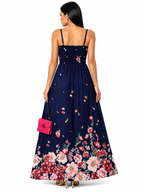 Vestido Longo Delicadeza Floral Aurora com Toque Romântico Azul Cadete
