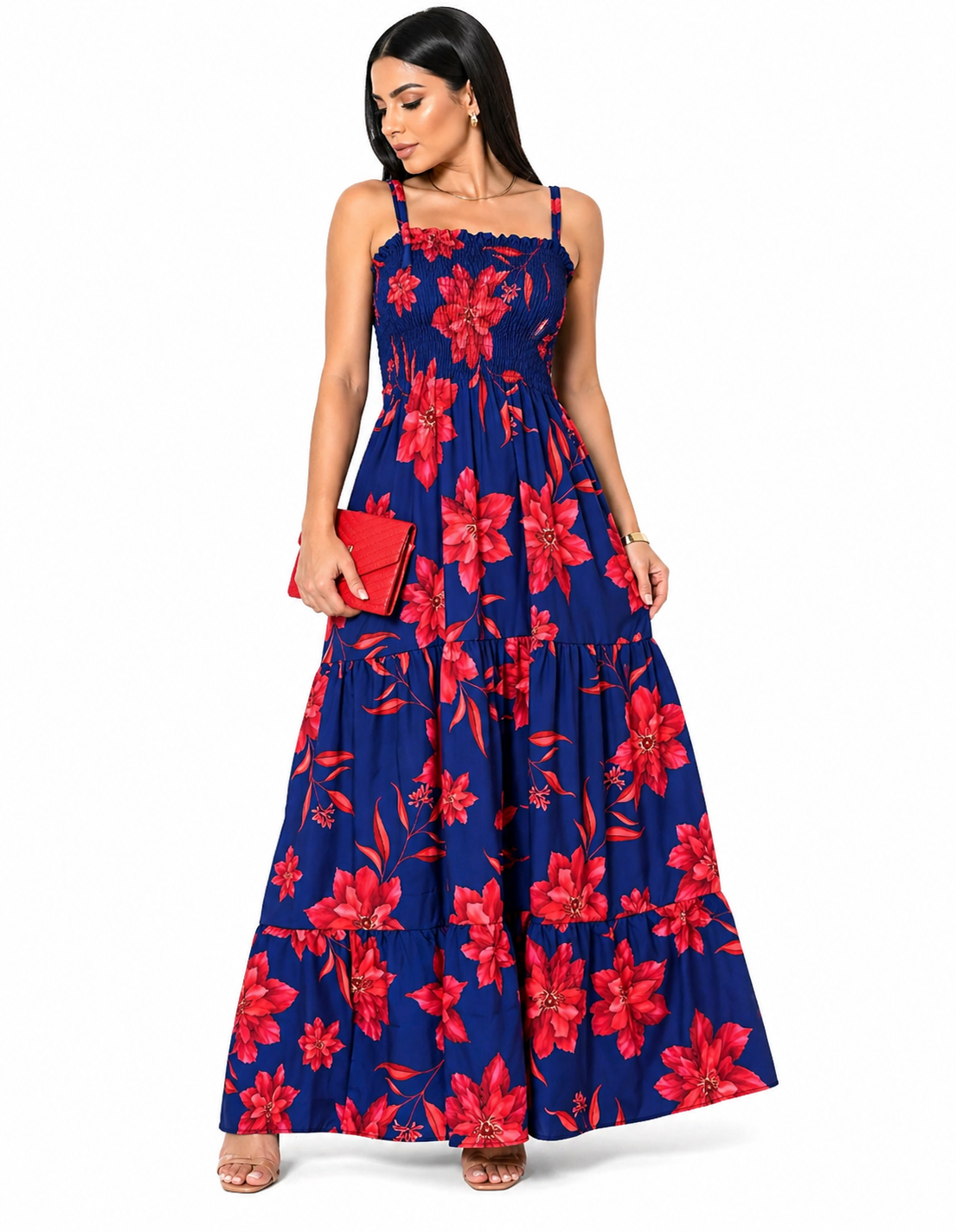 Vestido Longo Delicadeza Floral Aurora com Toque Romântico Vermelho