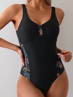 Swim Lushoire Maiô de Uma Peça Feminino para Praia de Verão com Estampa de Plantas, Detalhe de Babado, Costas Abertas e Decote Redondo