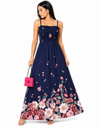 Vestido Longo Delicadeza Floral Aurora com Toque Romântico Azul Cadete