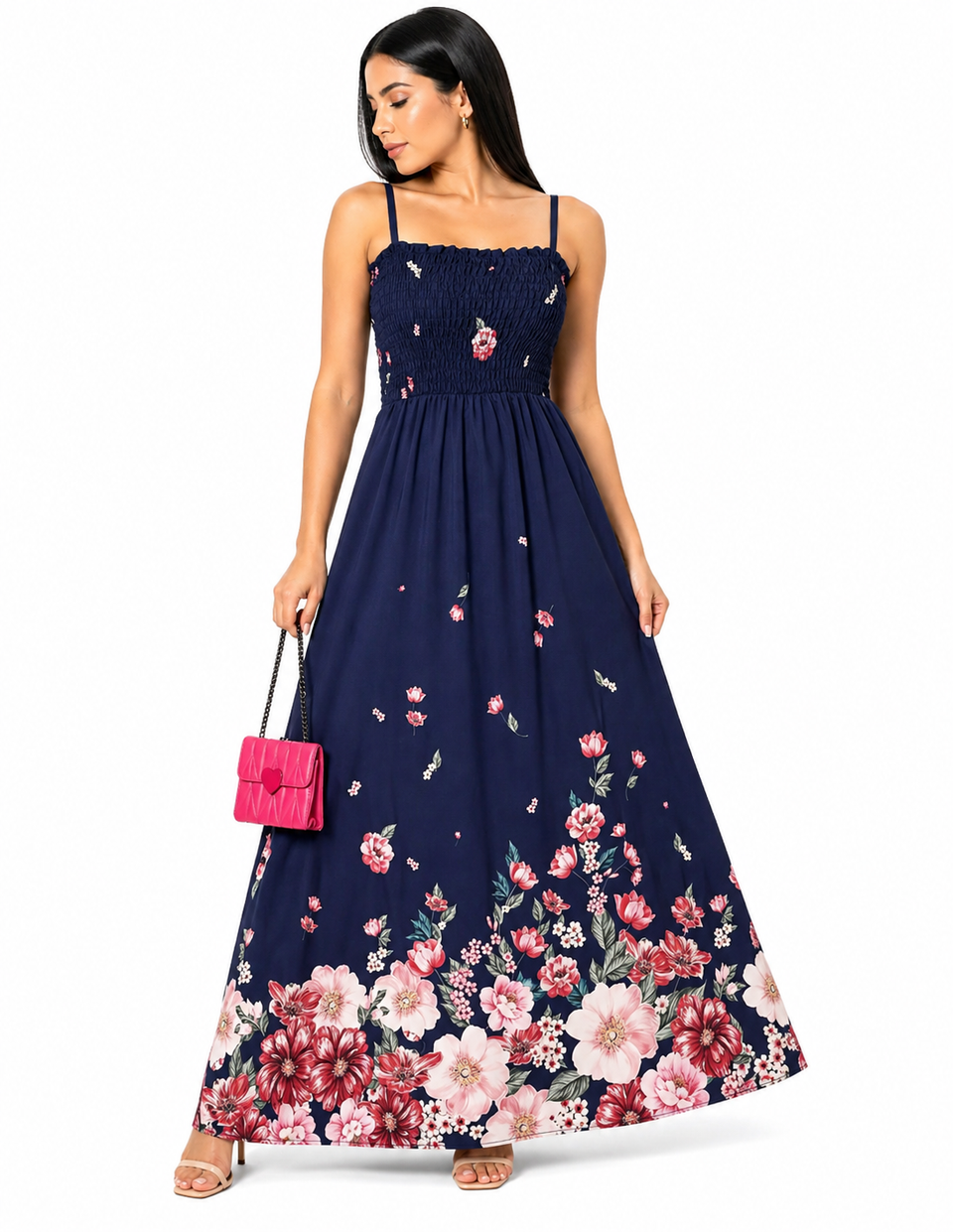Vestido Longo Delicadeza Floral Aurora com Toque Romântico Azul Cadete