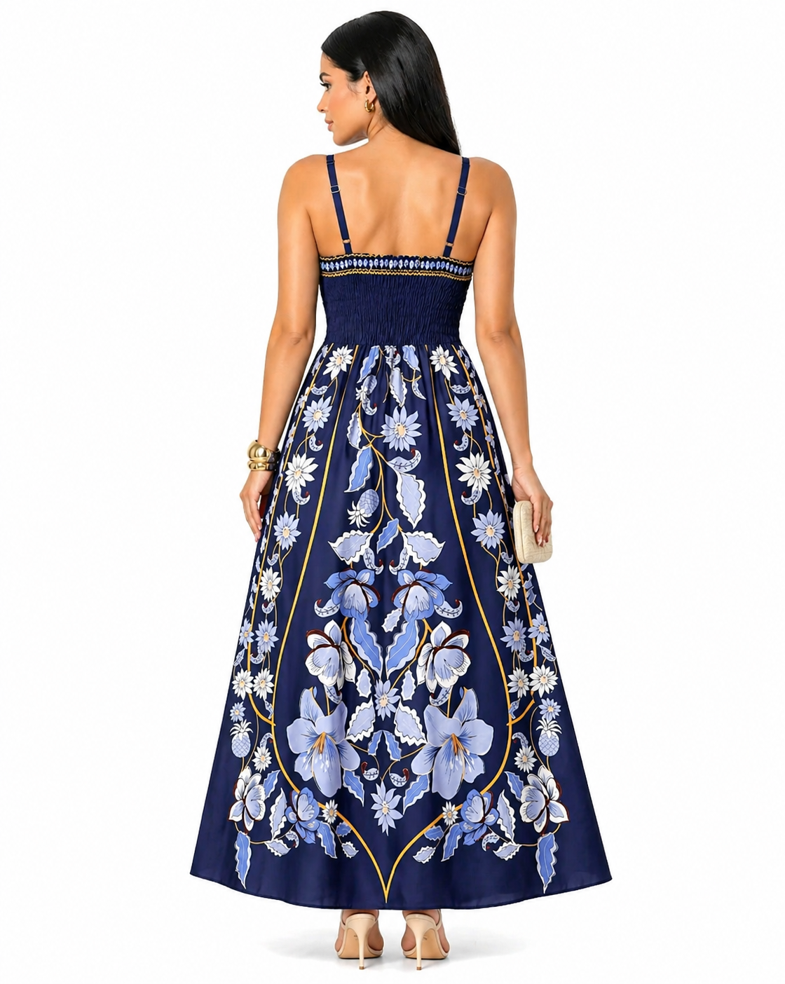 Vestido Longo Delicadeza Floral Aurora com Toque Romântico Azul e Branco