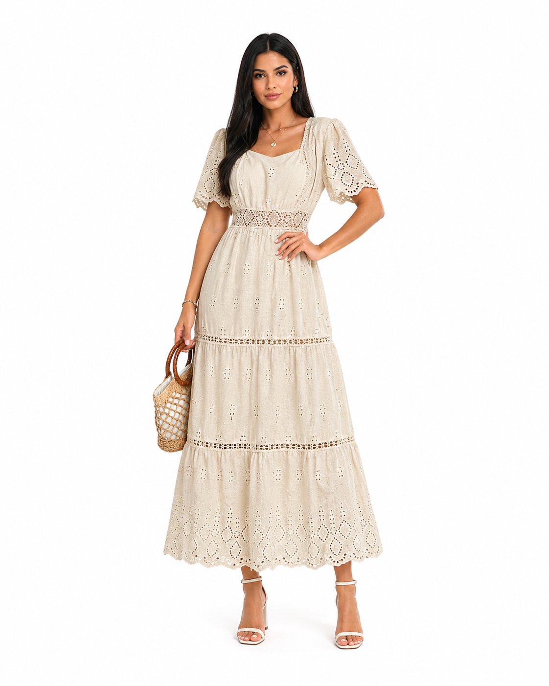 Vestido Longo Isabelle Bege em Laise Premium