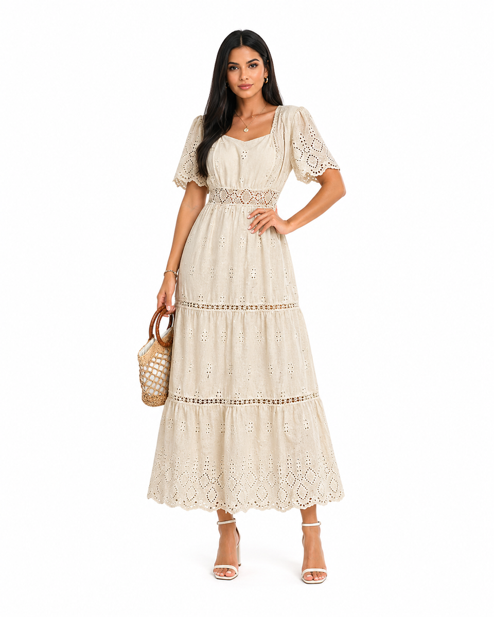 Vestido Longo Isabelle Bege em Laise Premium