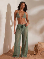 Swim Chiccia Calça Cobre-Tudo de Perna Larga com Cordão na Cintura em Chiffon Sólido de Verão para Mulheres, Praia