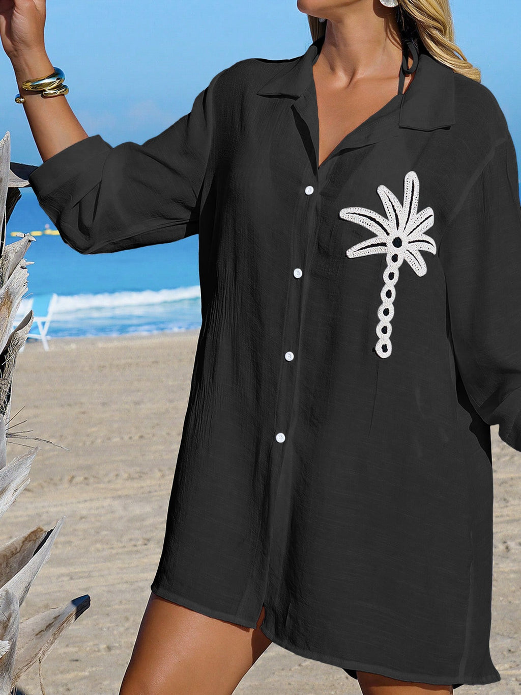 SHEIN Swim Camisa Branca Feminina com Botões de Árvore de Coco, Casual, para Férias na Praia, Kimono Cover-Up