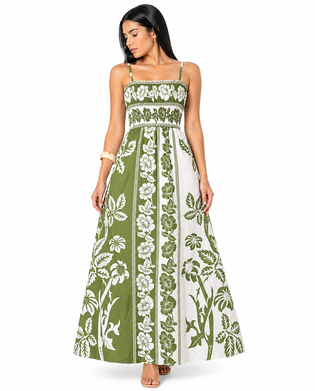 Vestido Longo Delicadeza Floral Aurora com Toque Romântico Verde Olivia