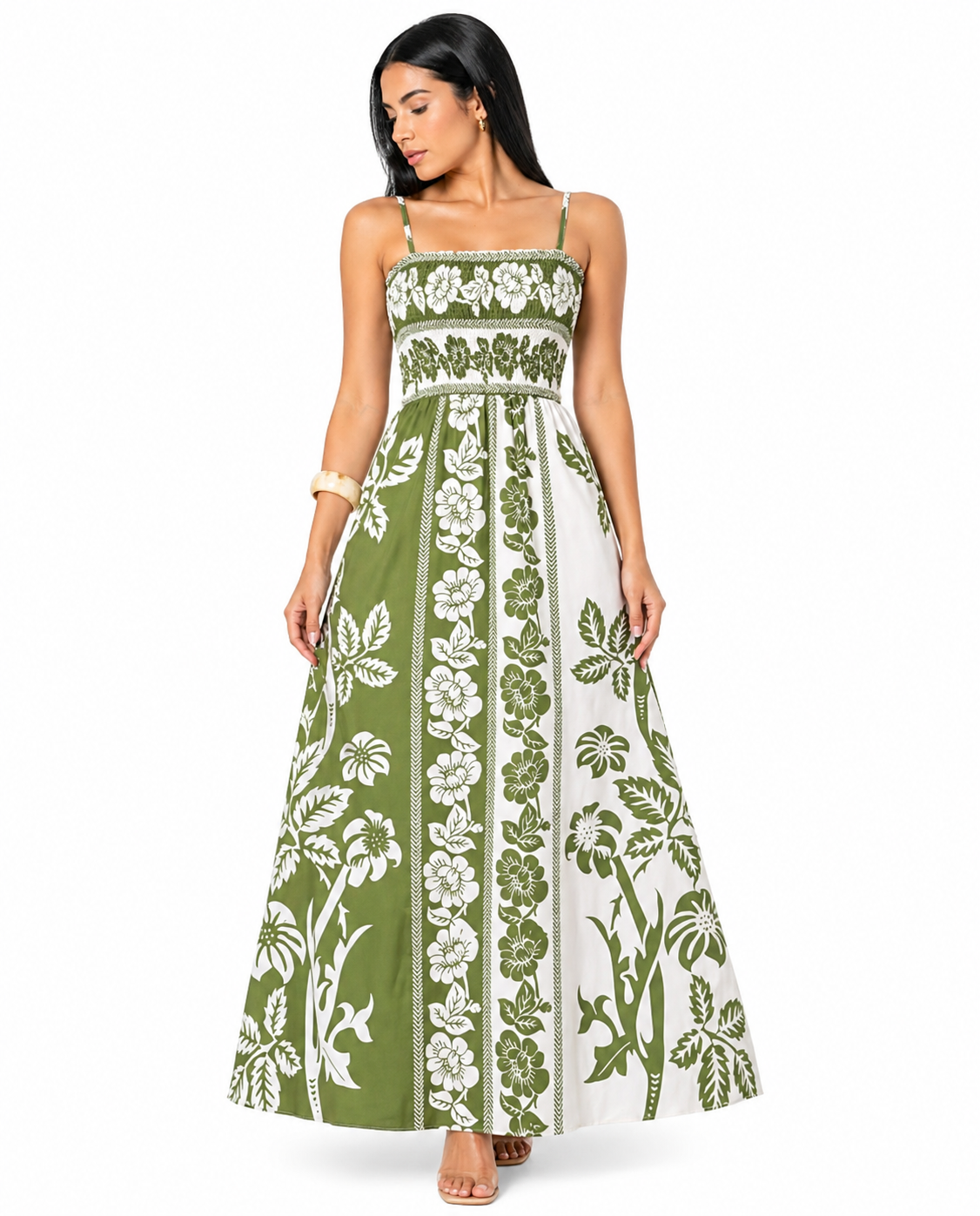 Vestido Longo Delicadeza Floral Aurora com Toque Romântico Verde Olivia