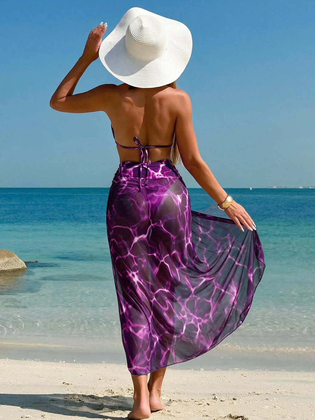 Swim Vcay Conjunto De Maiô Bikini Feminino Verão Praia Frente Única E Saia Com Estampa Aleatória