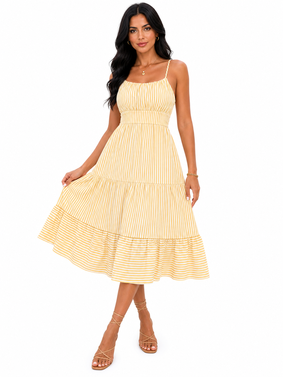 Vestido Midi  Listrado Helena Amarelo