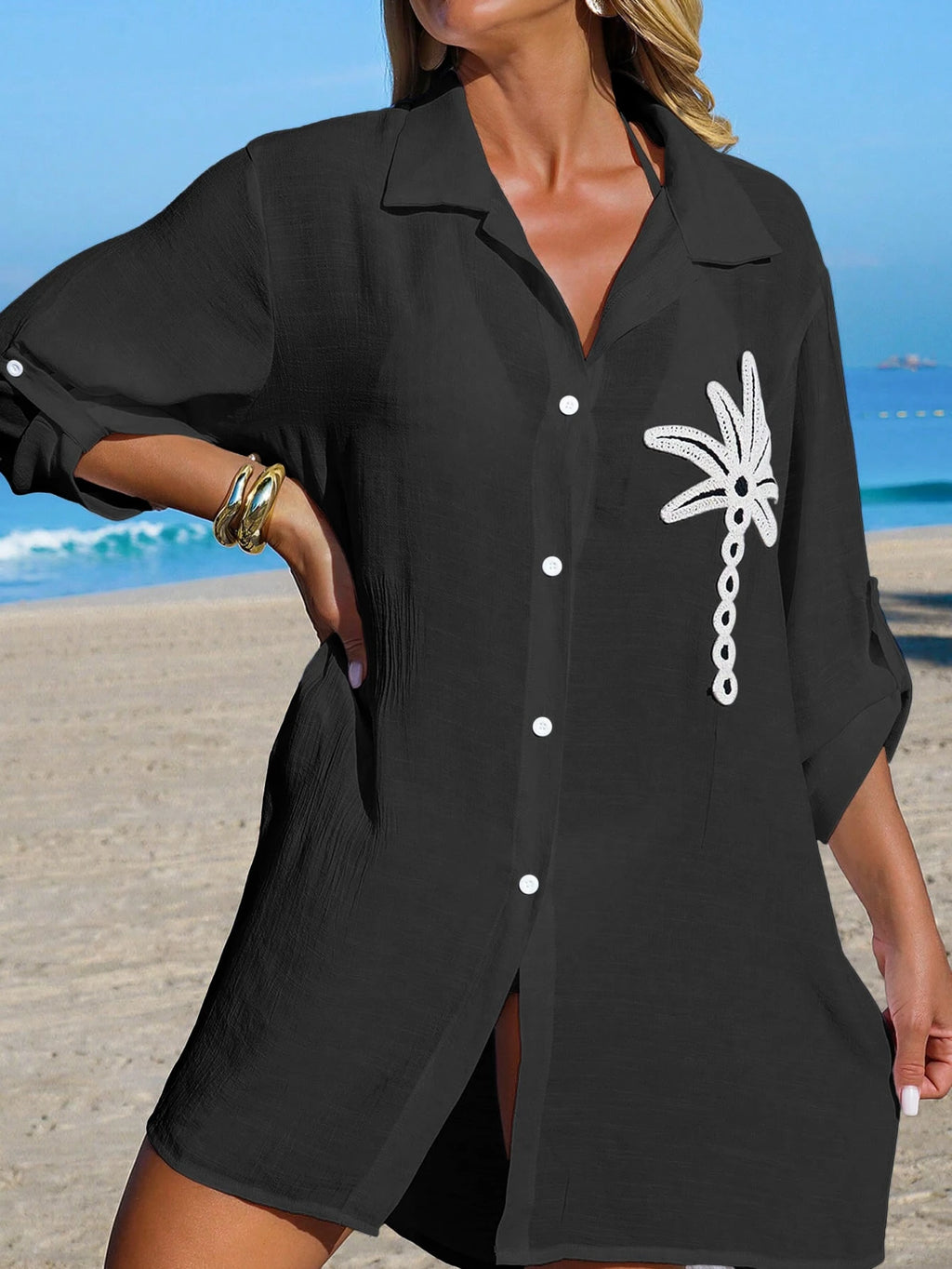 SHEIN Swim Camisa Branca Feminina com Botões de Árvore de Coco, Casual, para Férias na Praia, Kimono Cover-Up